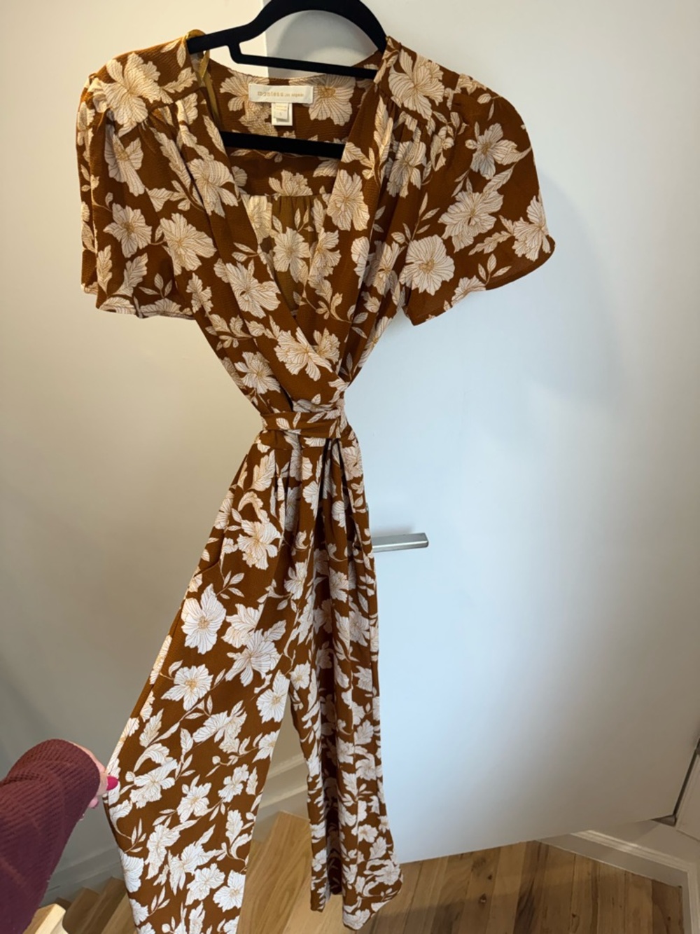 Monteau Brown Floral Wrap Midi Dress with White Blooms